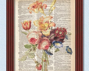 Dictionary Art Print Bouquet of Flowers  Decor Wall Roses Lily botanical Hostess Gift B2G1