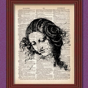 May include: Black and white line drawing of a woman's face with long, curly hair. The drawing is printed on a page from an old book with text in the background.
