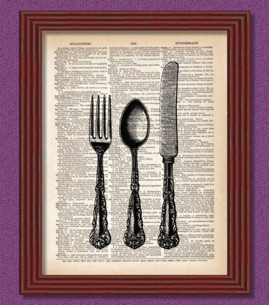 Dictionary Art Print Cutlery Set Knife Fork Spoon Utensils Eating Decor