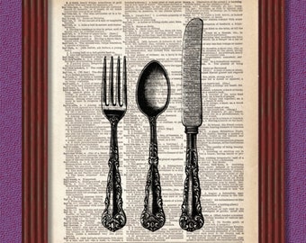 May include: Black and white illustration of a fork, knife, and spoon on a vintage dictionary page. The cutlery is ornate and detailed, with a decorative design. The page features text from the dictionary, including the words "Bullockism" and "Budmash."