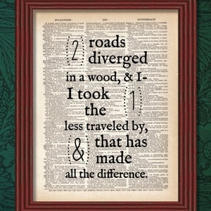 Dictionary Art Print Two Roads Diverged in a Wood  Robert Frost Poem Poetry The Road Not Taken Quote Words Decor Deco Wall Book B2G1