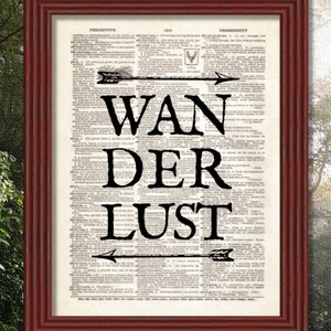 May include: A black and white vintage dictionary print with the words "WANDERLUST" in bold black letters. Arrows point to the words, which are surrounded by dictionary definitions.