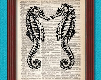 Dictionary Art Print Seahorse Pair  Nautical Ocean Sea Fish Beach Decor Wall Illustration Romantic Valentine Book B2G1