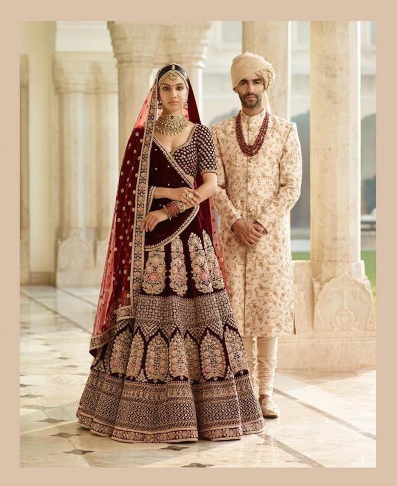 sabyasachi maroon velvet lehenga