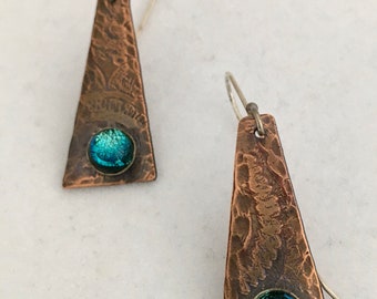 Copper and Glass Textured Earrings
