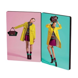 May include: Two images of a person wearing a yellow coat, a purple skirt, and patterned tights. The person is holding a brown handbag in one image and has the handbag on their head in the other image. The background is pink in one image and turquoise in the other.