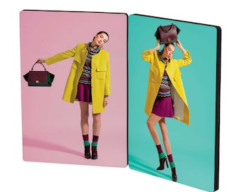 May include: Two images of a person wearing a yellow coat, a purple skirt, and patterned tights. The person is holding a brown handbag in one image and has the handbag on their head in the other image. The background is pink in one image and turquoise in the other.