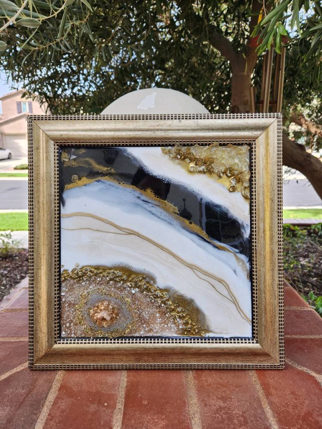 Epoxy Resin Geode Art Painting Glossy Dimensional Sparkly Gold Black