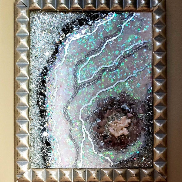 Framed epoxy resin geode art painting glossy dimensional sparkly silver crystals holographic iridescent free shipping color changing