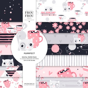 Mignon Chaton Digital Paper Pack, Cat Paper Pack, Pastel Nursery Pink Baby Girl Surface Design, Tissu imprimable, Café Hot Chocolate Tea Cup