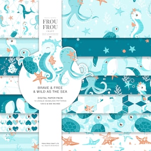 Pacote de papel digital do mar, pacote de papel subaquático bonito, padrão de design de superfície de bebê em tecido pastel de berçário, cavalo-marinho, peixe, tartaruga, polvo, estrela do mar
