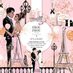 San Valentín Clipart Escena de la moda Aniversario Compromiso Boda Oro Glitter Planificador Pegatinas Amor París Torre Eiffel Afroamericano