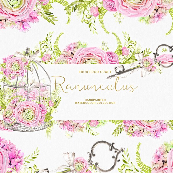 Floral Wedding Clipart, Botanical DIY Wedding Invitation, Flowers Bouquet Clipart, Hand Painted Clip Art, Romantic Retro Ranunculus Peonies