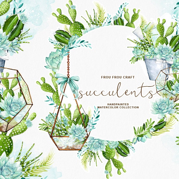 Succulent Clipart Cactus, Glass Terrarium, Botanical Plant, Tropical Clipart, Blue Floral Pack, Succulent Wedding Invitation, Mint Teal