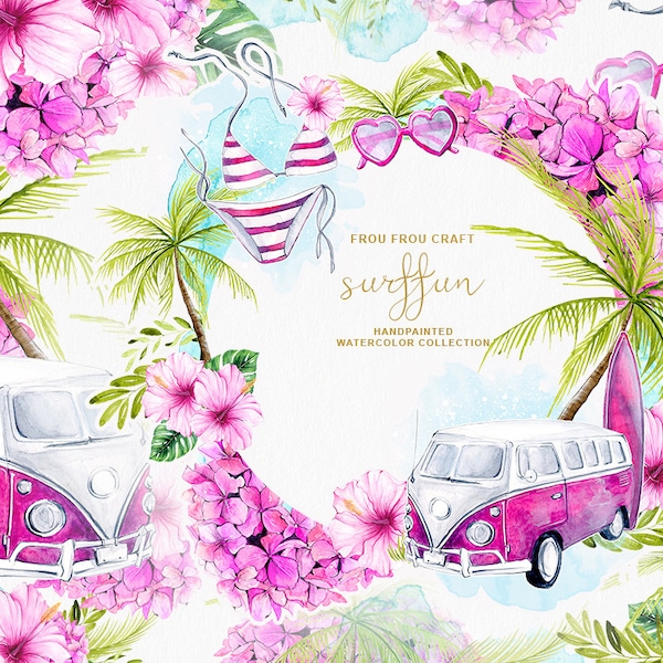 Surf Clipart, Watercolor Beach, Hippie, Boho, Caravan, Palms, Retro, Sea, Surfing, Minivan, Minibus, Swimsuit, Sunglasses, Blue, Pink, Green