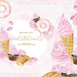 Op de afbeelding: Waterverf illustraties van roze en witte snoepjes en lekkernijen, waaronder donuts, cupcakes, ijshoorns en croissants. De illustraties zijn omgeven door een delicaat kantpatroon en de tekst "Frou Frou Craft Sweets & Treats Handgeschilderde Waterverf Collectie".