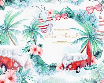May include: Watercolor illustration with a retro beach theme. Features a red and white striped bikini, heart-shaped sunglasses, palm trees, a red and white van, and the text "retro beach". Surrounded by tropical flowers and foliage.