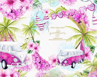 May include: Watercolor illustration of a pink and white vintage van with a surfboard, palm trees, pink flowers, and a bikini. The text "Frou Frou Craft Surf Fun Handpainted Watercolor Collection" is in the center of the image.