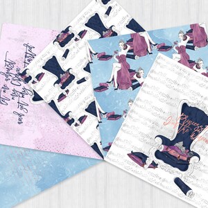 May include: Four digital paper designs featuring a princess in a blue and pink gown sitting on a throne. The designs include a blue and white musical note background, a blue and white floral background, a pink and white polka dot background, and a blue and white floral background with the text "Princess of the Queen".