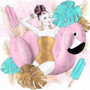May include: A woman in a gold swimsuit relaxes on a pink flamingo pool float. Tropical leaves and popsicles surround her.