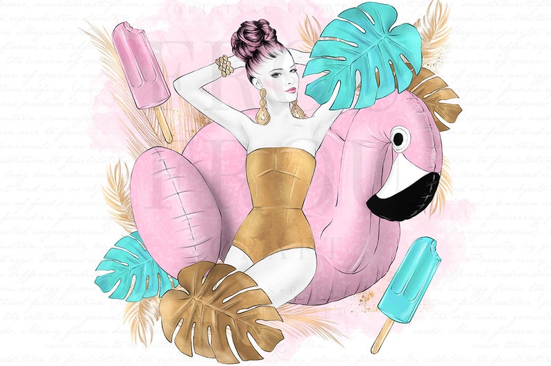 May include: A woman in a gold swimsuit relaxes on a pink flamingo pool float. Tropical leaves and popsicles surround her.