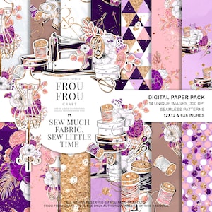 Pacote de papel digital de costura, pacote de papel de alfaiate de moda, suprimentos para meninas planejadoras de artesãos, tecido bonito, almofada de papel de designer de lavanda com brilho dourado