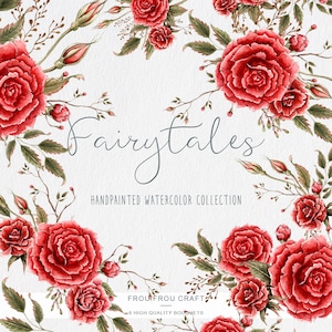 May include: Watercolor illustration of a floral bouquet with red roses and green leaves. The illustration is titled "Fairytales" and is described as a hand-painted watercolor collection by Frou Frou Craft. The collection includes 8 high-quality bouquets.