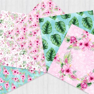 May include: A set of six digital paper designs featuring tropical floral patterns. The papers include pink hibiscus flowers, green monstera leaves, and pink and white hearts.