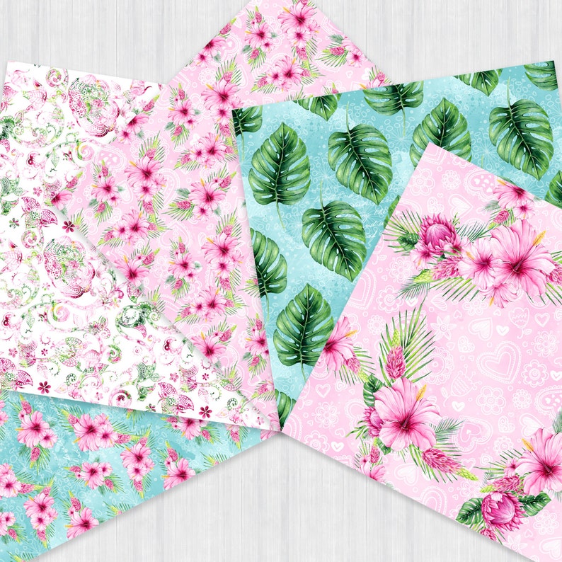 May include: A set of six digital paper designs featuring tropical floral patterns. The papers include pink hibiscus flowers, green monstera leaves, and pink and white hearts.