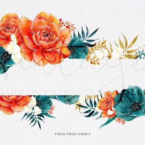 May include: Watercolor floral border with orange and teal flowers, gold leaves, and white flowers. The border is separated into two sections with the text "Frou Frou Craft" at the bottom.