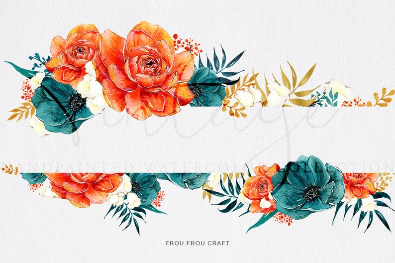 May include: Watercolor floral border with orange and teal flowers, gold leaves, and white flowers. The border is separated into two sections with the text "Frou Frou Craft" at the bottom.