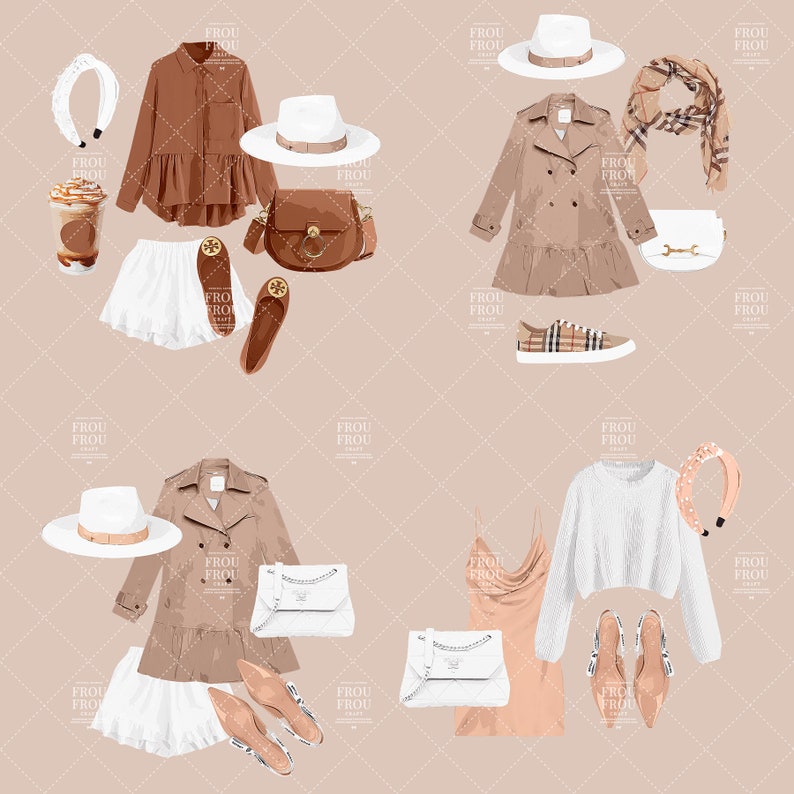Pu&ograve; includere: Quattro diverse combinazioni di outfit in tonalit&agrave; marrone, beige e bianco. Ogni outfit include un cappello, una parte superiore, una gonna o un vestito, scarpe, una borsa e una fascia per capelli.