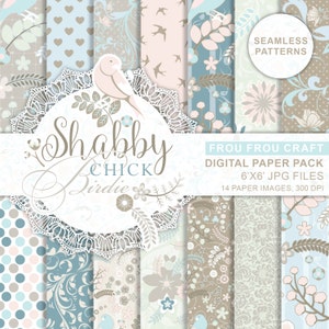 Shabby Chic Birds Feather Digital, Blue Digital Wrap Paper, Scrapbook Art Paper Pack, Lace Pattern Paper, Pink Birds Digital Pattern Pack