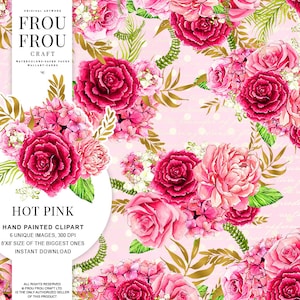 Roses Clip Art Wedding Invitation DIY Pack Hot Pink Flowers Watercolor Floral Arrangements Gold Bridal Shower Peony Clipart Handpainted