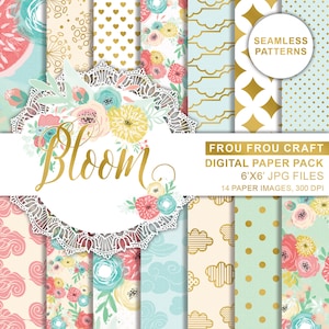 Spring Flowers Digital Printable Paper, Colorful Flowers Paper, Green Yellow Scrapbook Paper Pack, Floral Pink Roses Paper, Polka Dots Paper image 1