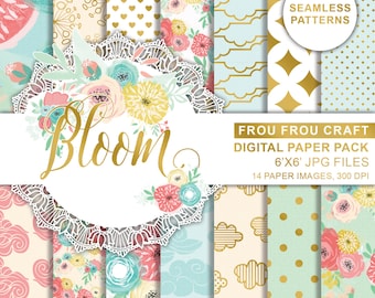 Spring Flowers Digital Printable Paper, Colorful Flowers Paper, Green Yellow Scrapbook Paper Pack, Floral Pink Roses Paper, Polka Dots Paper
