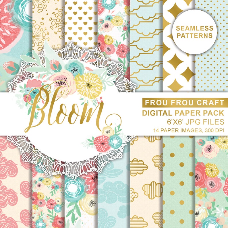 Spring Flowers Digital Printable Paper, Colorful Flowers Paper, Green Yellow Scrapbook Paper Pack, Floral Pink Roses Paper, Polka Dots Paper image 1