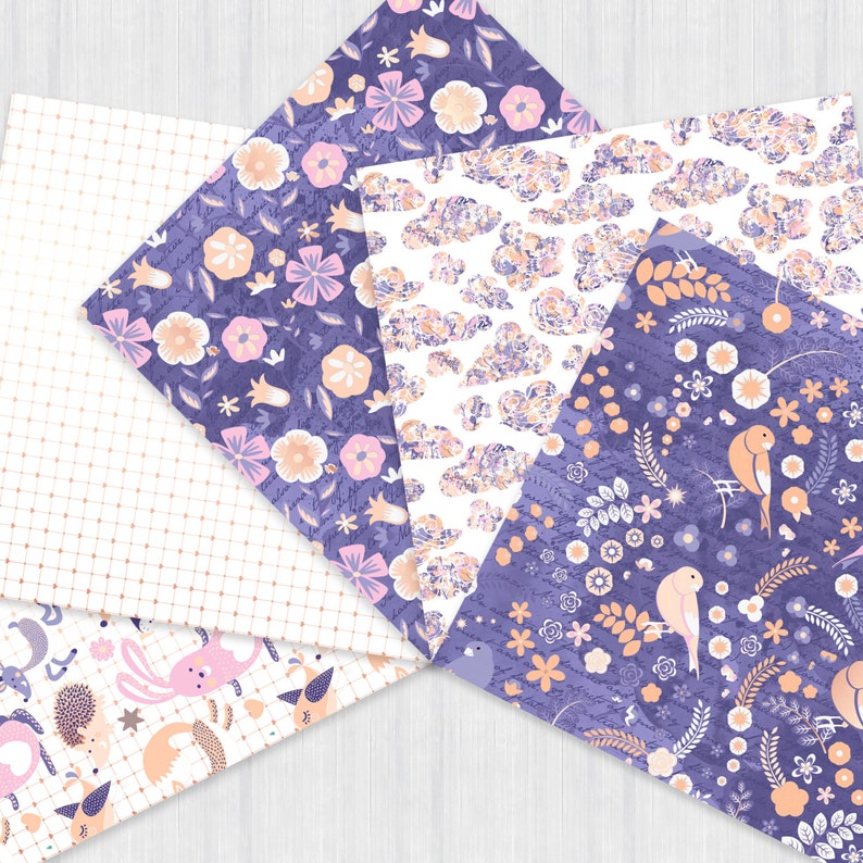 May include: Five digital paper designs featuring a purple and white color scheme with floral and bird patterns. The designs include a grid pattern, a floral pattern, a cloud pattern, a floral and bird pattern, and a floral and bird pattern with a textured background.