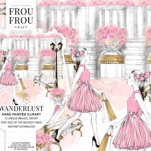 Parigi Clipart Moda Illustrazione Acquerello Clip Art Shopping Ragazza Wanderlust Oro Rosa Architettonico San Valentino Stampabile Planner Adesivi