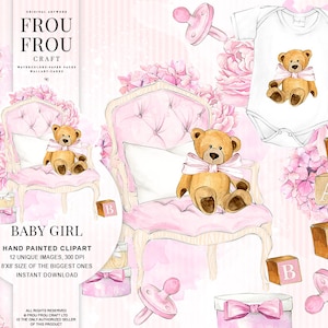 Baby Clipart Baby Girl Clip Art Zwangerschap Kinderdagverblijf Aquarel Baby Shower Handgeschilderde Teddybeer Handgeschilderde Illustratie Roze DIY Pack