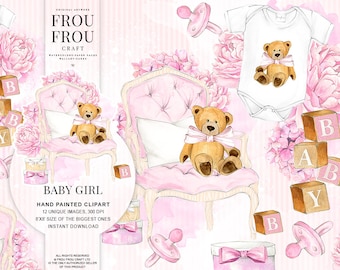 Baby Clipart Baby Girl Clip Art Pregnancy Nursery Watercolor Baby Shower Handpainted Teddy Bear Handpainted Illustration Pink DIY Pack