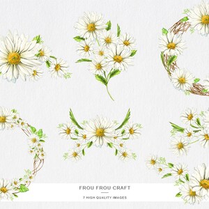 K&ouml;nnte beinhalten: Sieben Aquarell-Illustrationen von G&auml;nsebl&uuml;mchenkr&auml;nzen und -str&auml;u&szlig;en. Die G&auml;nsebl&uuml;mchen sind wei&szlig; mit gelben Zentren und gr&uuml;nen Bl&auml;ttern. Die Kr&auml;nze sind aus braunen Zweigen gefertigt.
