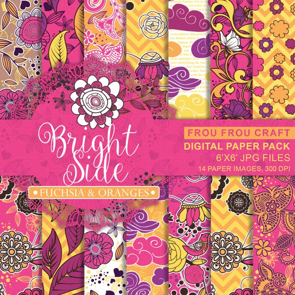 Pink Orange Orange Digital Paper Pack Instant Download Bright Colors Summer Sunset Fuchsia Yellow Sunny Tropical Colorful Flowers 6x6 inches