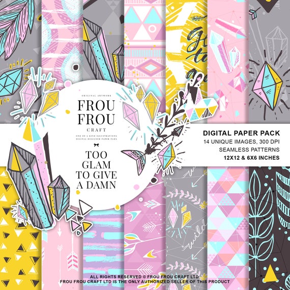 Boho Digital Paper Pack, Gems Crystal Diamonds Paper Pack Cute Pastel Geometric Planner Stickers Girly Planner Cover Seamless Pattern Fabric