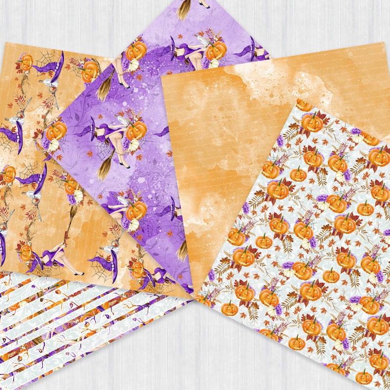 Peut inclure: Cinq motifs de papier num&eacute;rique diff&eacute;rents sur le th&egrave;me d'Halloween. Les motifs comprennent un motif violet et orange avec des sorci&egrave;res volant sur des balais, un motif blanc et orange avec des citrouilles, un motif orange uni avec un effet aquarelle, un motif ray&eacute; blanc et orange et un motif blanc et orange avec des citrouilles et des feuilles.