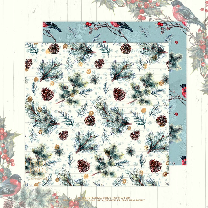 May include: A digital paper pack with a winter theme featuring a white background with pine branches, pine cones, snowflakes, and gold ornaments. The paper pack also includes a blue background with pine branches, red berries, and birds.
