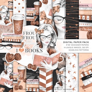 May include: Digital paper pack with 14 unique images and seamless patterns featuring a woman reading a book, coffee cups, chocolate, and books with the text "Frou Frou Craft" and "I love books".