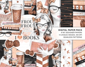 Coffee Paper Pack Planer Mädchen Digitale Hintergründe Bücher Bäckerei Nahtlose Muster aber erste Kaffee Pralinen Mode Illustration Kupfer