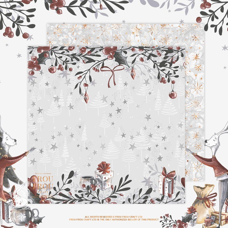 May include: Christmas-themed scrapbook paper with a light gray background featuring white Christmas trees, stars, and decorative elements. The design includes holly, berries, and gift boxes. The paper has a festive, wintery aesthetic.