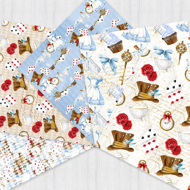 Alice in Wonderland Paper Pack Alice Digital Paper Pack Watercolor Mad Hatter Scrapbook Tea Party Background Fairytale Baby Shower Seamless image 3